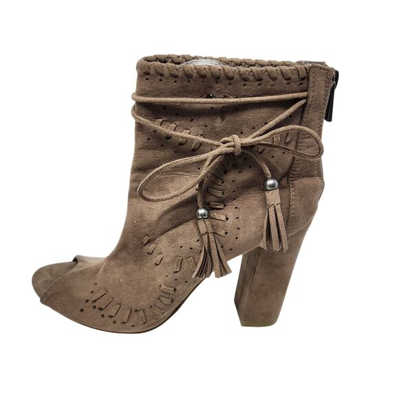Bamboo Faux Suede Cut Outs Peep Toe Zip Ankle Harness Bootie Brown Size 8.5 - Picture 1 of 7